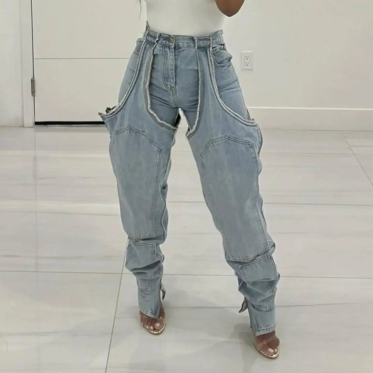 Mom Jeans Straight Pants Women Hollow Out Zipper High Strecth Pockets Irregular Denim Vintage Y2k 2025 Trousers Streetwear
