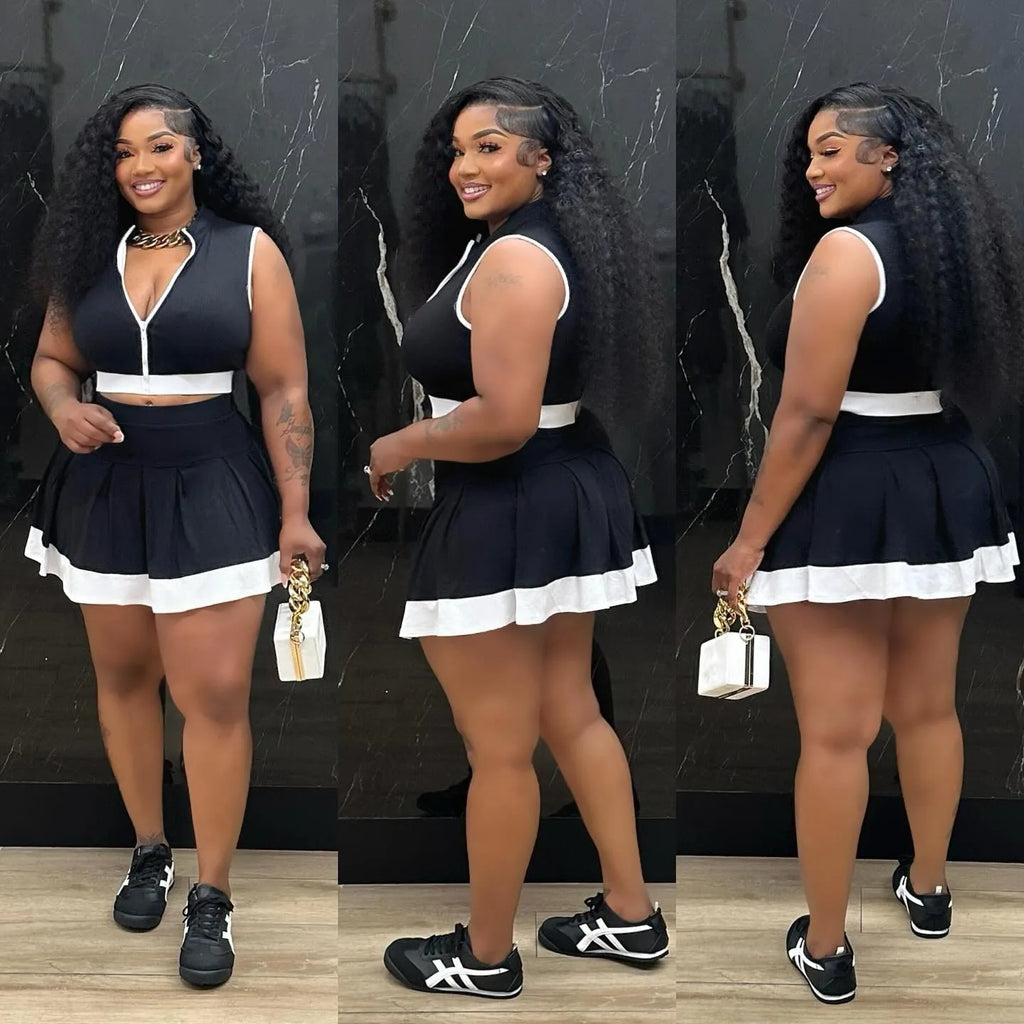 Women Two Piece Sets Shorts Skirt Set Zipper Sleeveless Sexy Tops Short Skirts A Line High Waist Y2k Streetwear Elegant Work