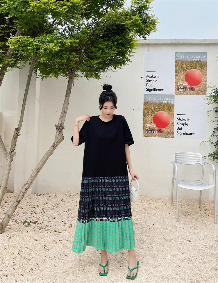 NYFS 2026 Summer New Korean Woman Dress Vestidos Robe Elbise Loose Plus Size Short Sleeve Patchwork Two Fake Pieces Long Dresses