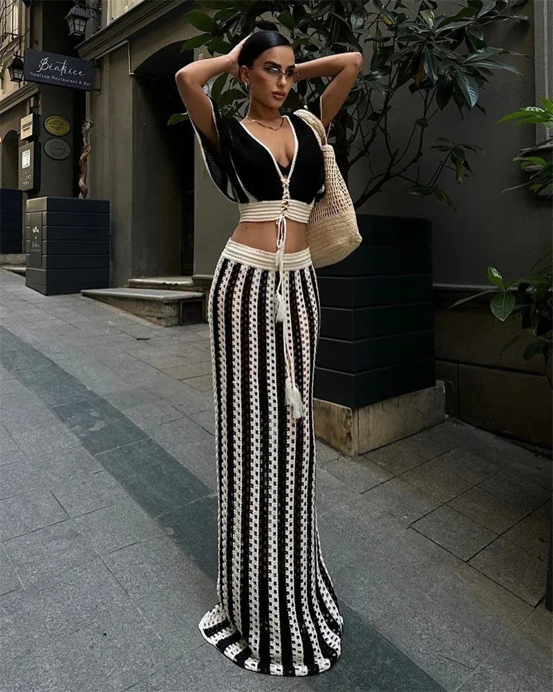 Striped Knitted Two Piece Set Women Outfit Y2K Clothes Clubwear Party Hollow Out V-neck Crop Top and Long Skirt Maxi Dress Sets