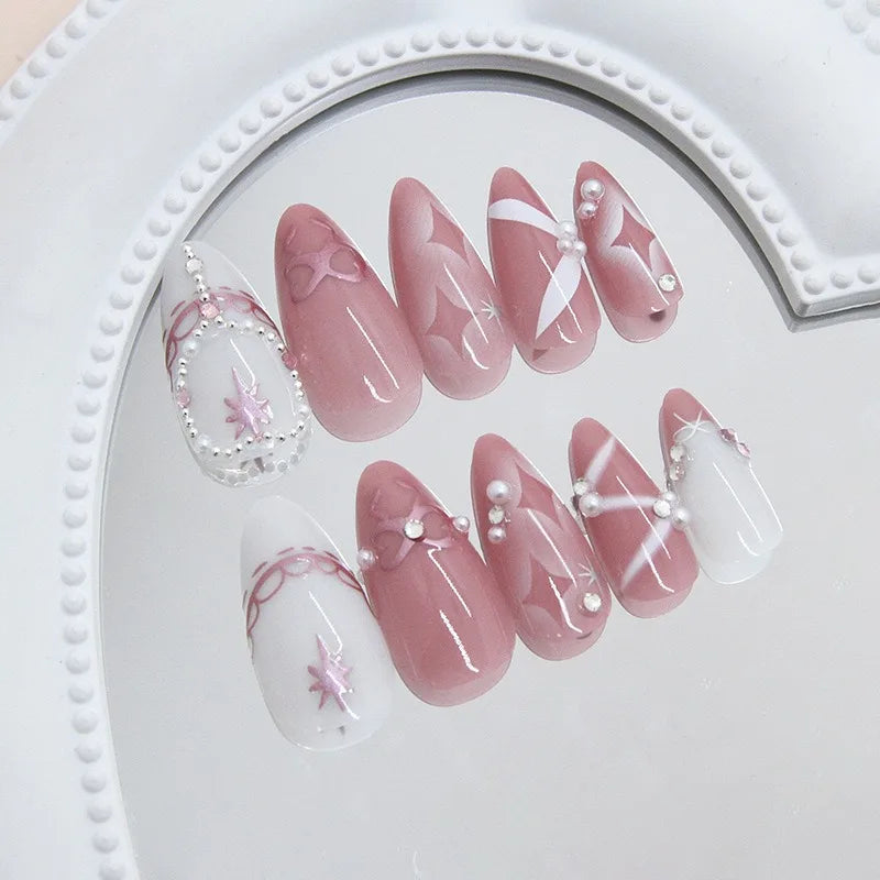 24Pcs Pearl Stars Bowknot Press on Nails French Almond Acrylic False Nails Cute Sweet Pink Fake Nails Cat Eye Glitter Nail Art