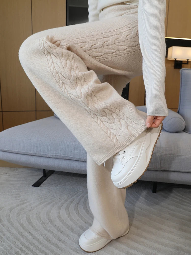 100% Merino Wool Wide Leg Pants Women's Elastic Waist Twist Flower Jacquard Trousers Autumn Winter Soft Solid Knitted Wool Pants