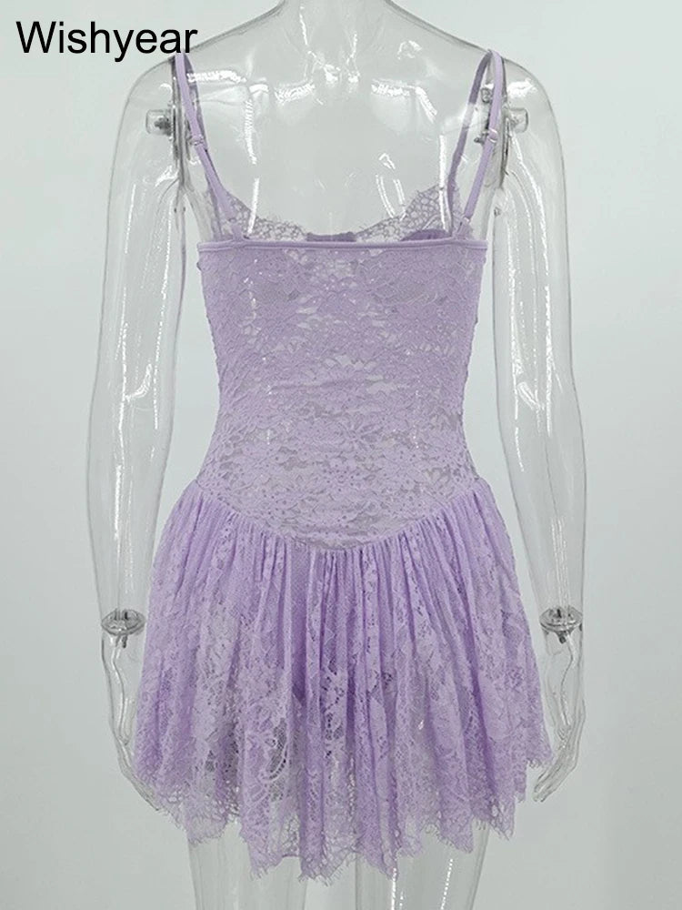 Wishyear Sexy Spaghetti Strap Lace See Through Bodycon Mini Dress Women Sexy Night Club Hot Girl Party Dance Bar Vestidos 2025