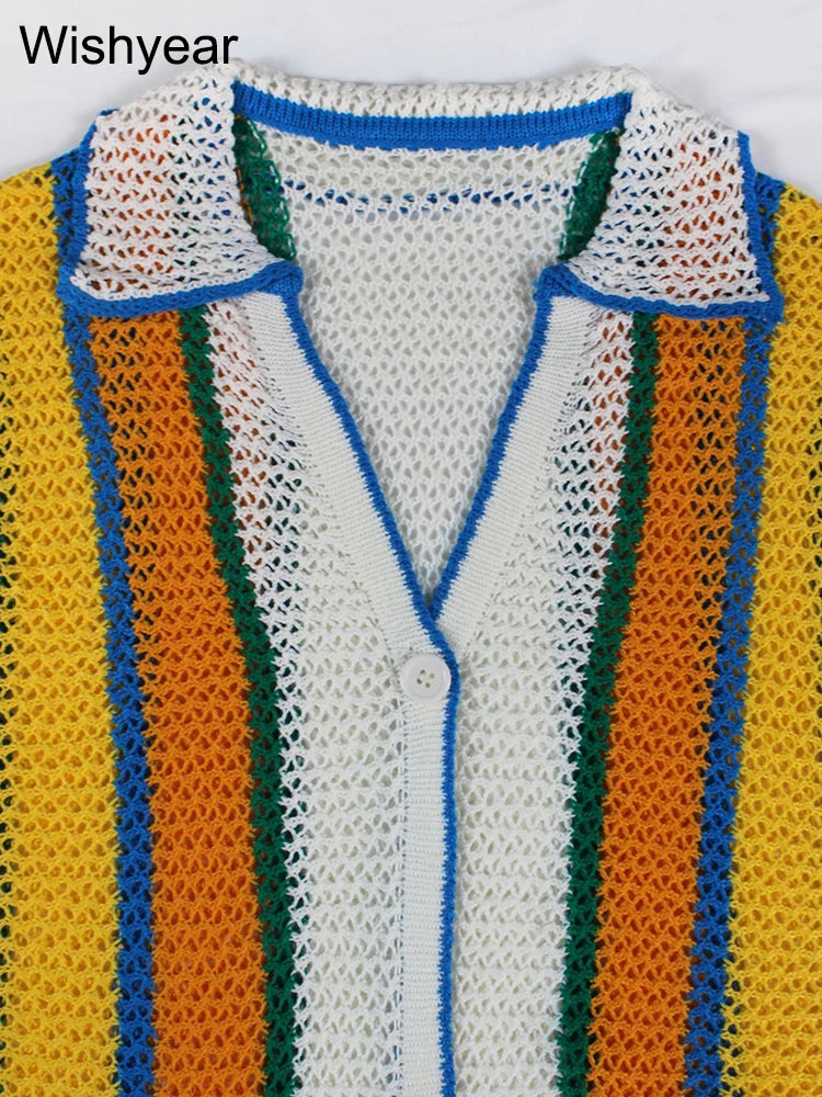 Sexy Colorful Striped Patchwork Knitting Two Piece Pants Set Women Short Sleeve Top and Shorts Fashion Beach Sweater Club Outfit
