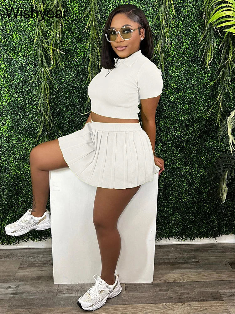 Fashion Knitted Pleated Skirts and Short Sleeve Crop Tops Two 2 Piece Set Women Summer Sporty Fitness Club Beach Party Outfits