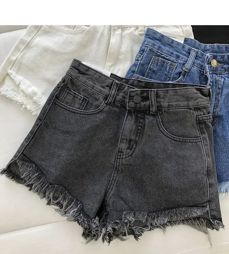 2026 New Summer Women High Wiast Raw Hem Denim Shorts Soild White Black Blue Korean Wide Leg Pants Mon Shorts  Jean Shorts