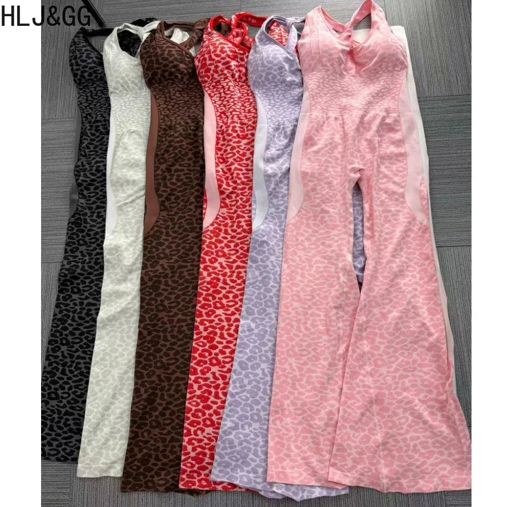 HLJ&GG Spring Sexy Leopard Print Patchwork Bodycon Jumpsuits Women Spaghetti Strap Backless Rompers Female Streetwear Overalls