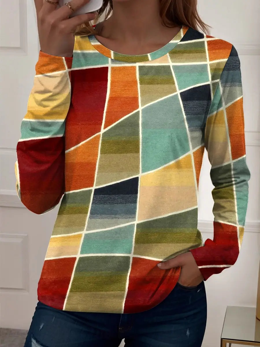 Women's 3D Plaid Stripe Print T-shirt Fashion Long Sleeve Round Neck Regular Tops Holiday Weekend Spring and Autumn