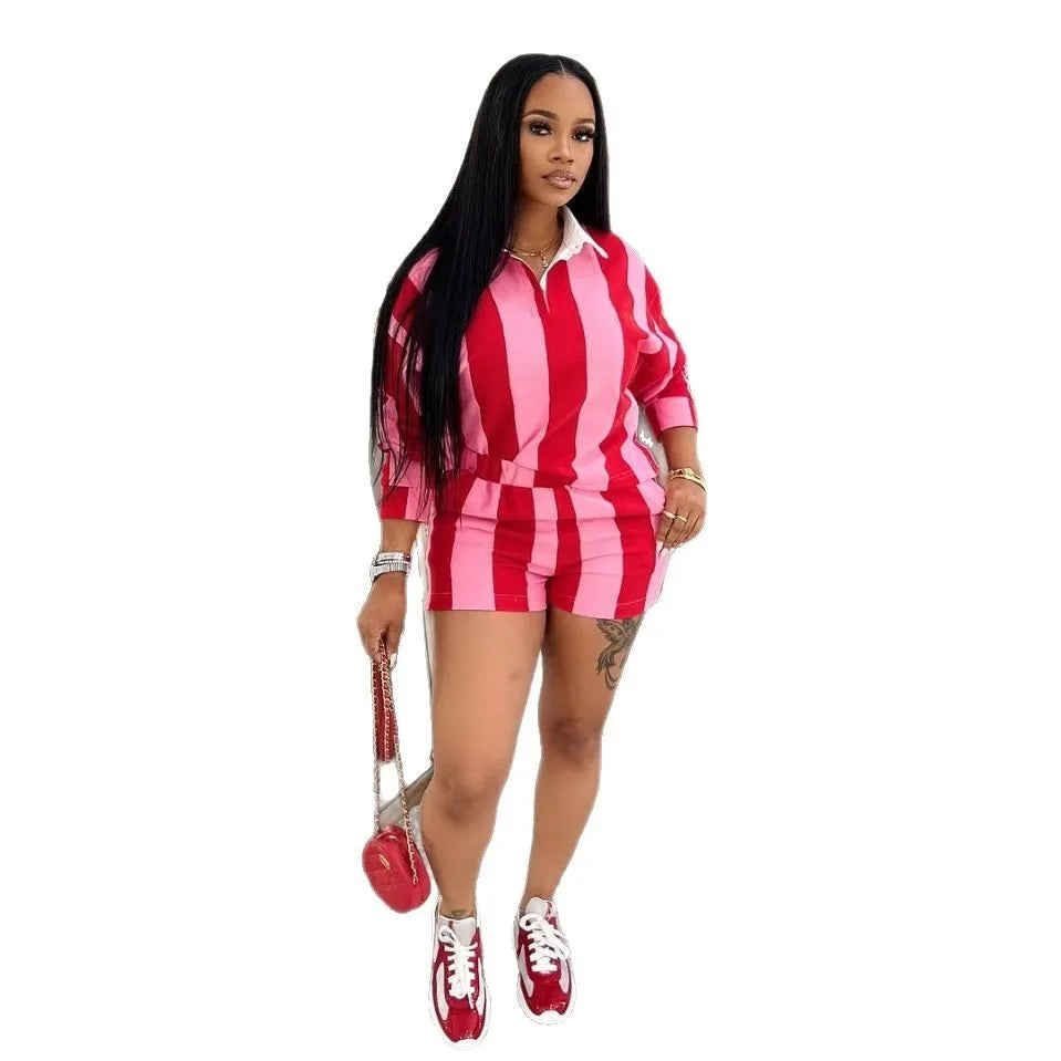 Shorts Pant Set Women Two Piece Sets Short Sleeve Matching Sets Striped Top High Waist Pants Suit Casual Y2k Streetwear Jogger