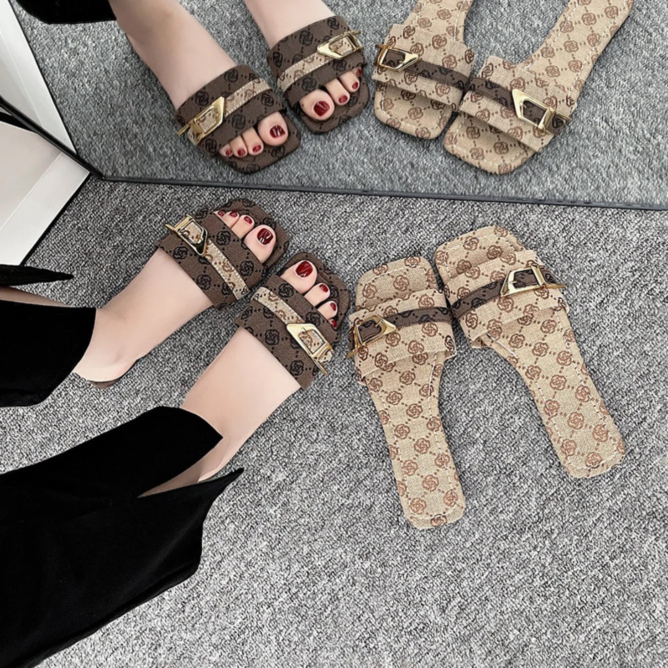 Women Denim Slippers Flat Peep Toe Sandals Ladies Casual Beach Slippers Female Luxury Flat Lightweight Shoes Woman Slides Women