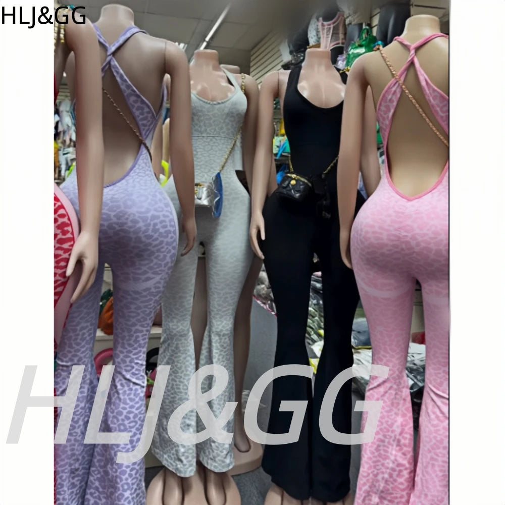 HLJ&GG Spring Sexy Leopard Print Patchwork Bodycon Jumpsuits Women Spaghetti Strap Backless Rompers Female Streetwear Overalls