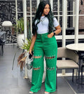 High Waist Green Ripped Chain Decoration Patchwork Wide Leg Denim Pants Women Fashion Casual Personality Trendy Long Trousers
