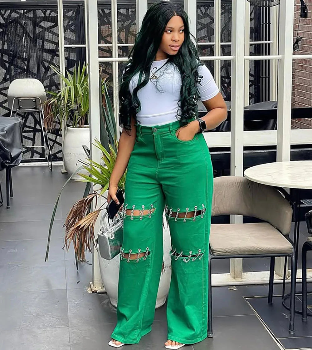 High Waist Green Ripped Chain Decoration Patchwork Wide Leg Denim Pants Women Fashion Casual Personality Trendy Long Trousers