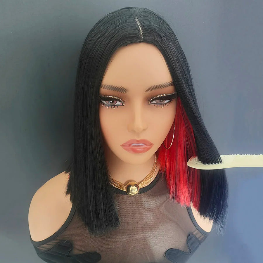 Ombre Red Short Bob Pink Non-Lace Front Synthetic Hair Wig Straight Pre Plucked Part Use For Black Women