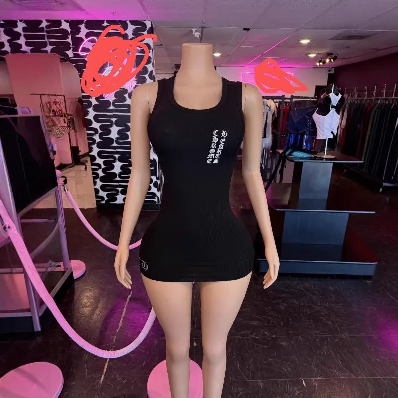 Gothic Women's Letter Print Tank Mini Dress 2026 Summer Y2K Sleeveless Bodycon Streetwear Sexy Skinny Night Club Party Outfit