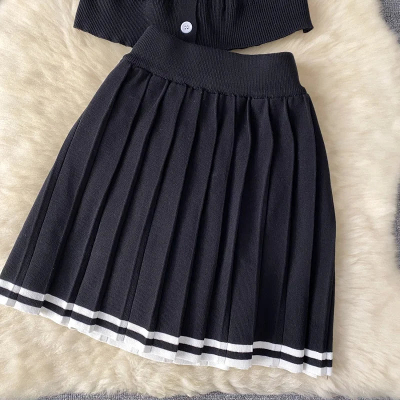 Fashion Knitting 2 Piece Sets Women Outfits Summer Clothing Women 2026 Polo-Neck Top Mini Skirt Suit Casual Knitted Dress Sets