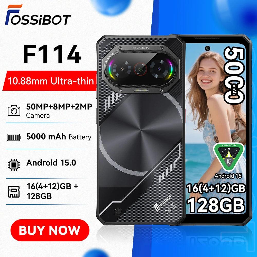 Fossibot [F114] 4G Smartphone 16GB(4+12) RAM 128GB ROM 5000mAh 18W Android 15 Unisoc T615 Ultra-thin Rugged Phone 4G 50MP