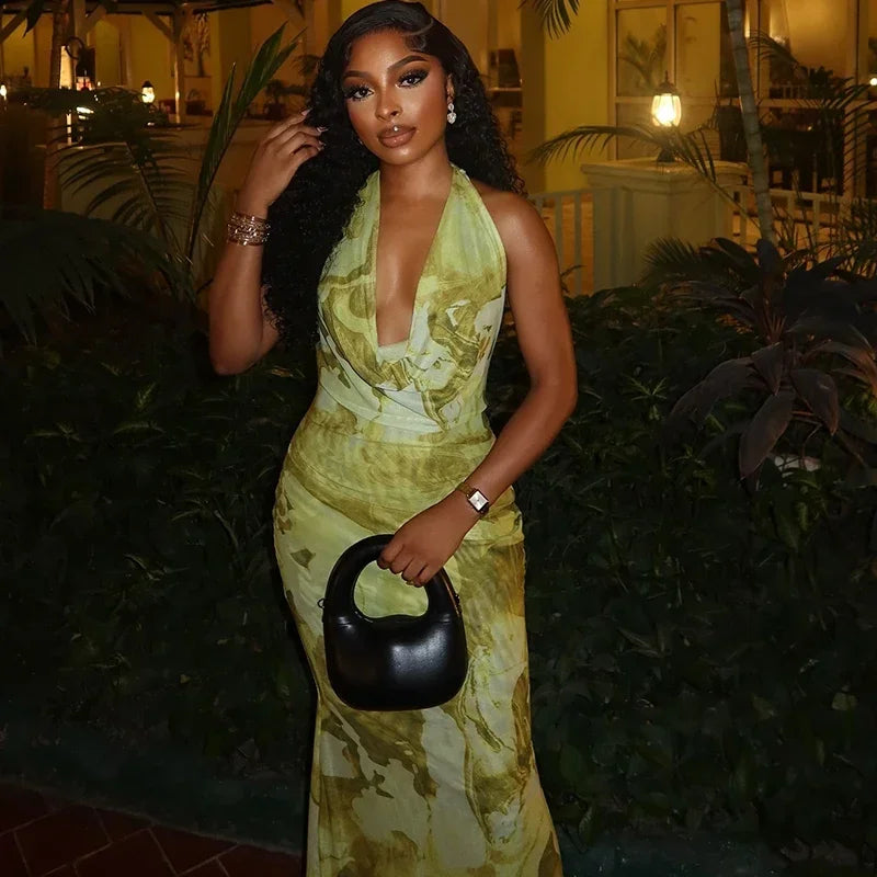 Women Sleeveless Ruched Halter V-neck High Waist Long Maxi Dress Print Birthday Night Club Party Vestidos Sexy Dresses