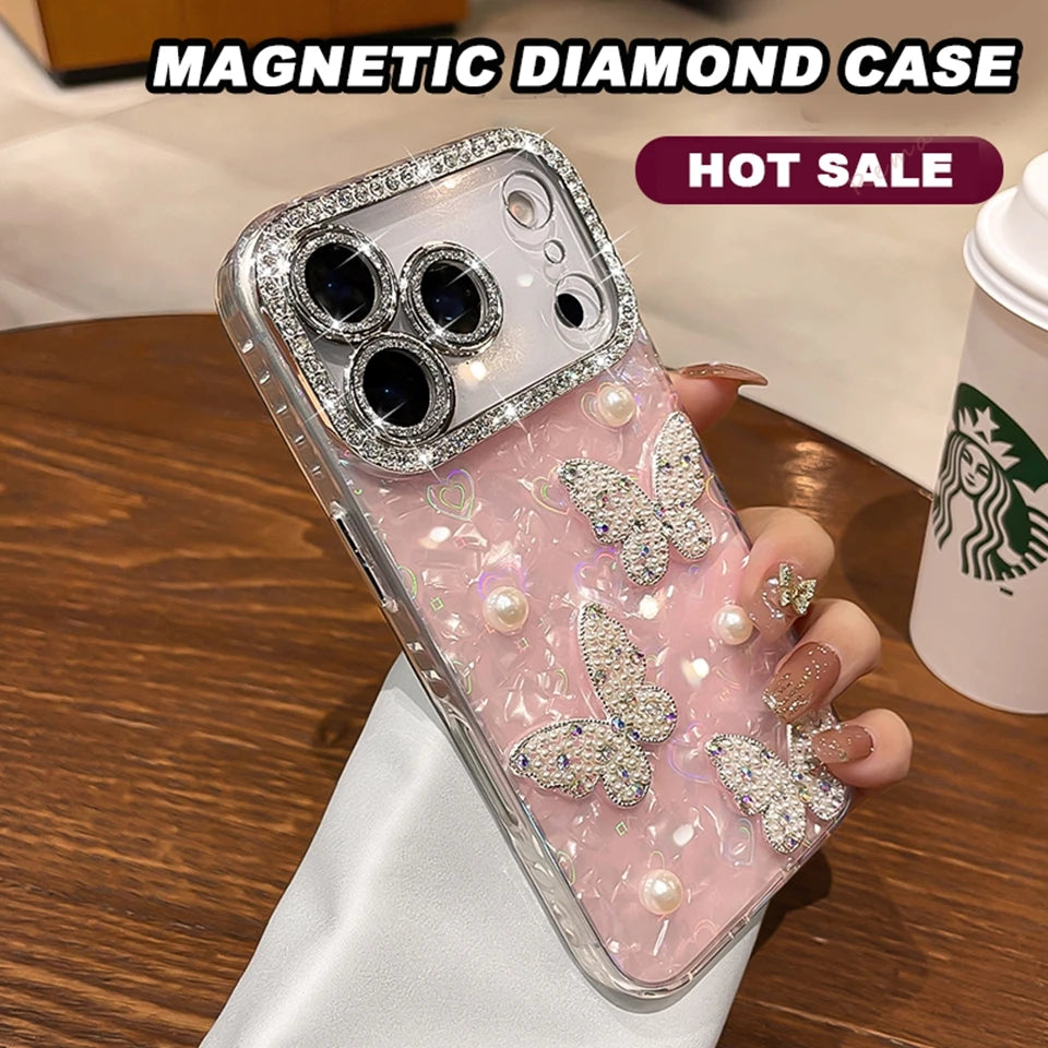 Diamond Bling Glitter Phone Case For iPhone 17 Air 11 12 13 16 Pro Max 15 14 16 Plus 17Pro Max Cute Butterfly Protector Cover
