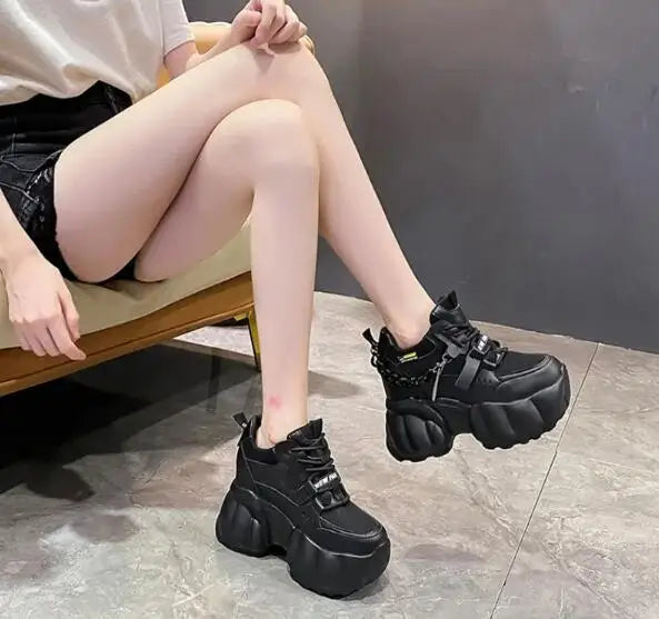NEW Breathable Mesh 10CM Chunky Sneakers for Women Non Slip High Platform Sports Dad Shoes Woman Lace Up Thick Sole Casual Shoes