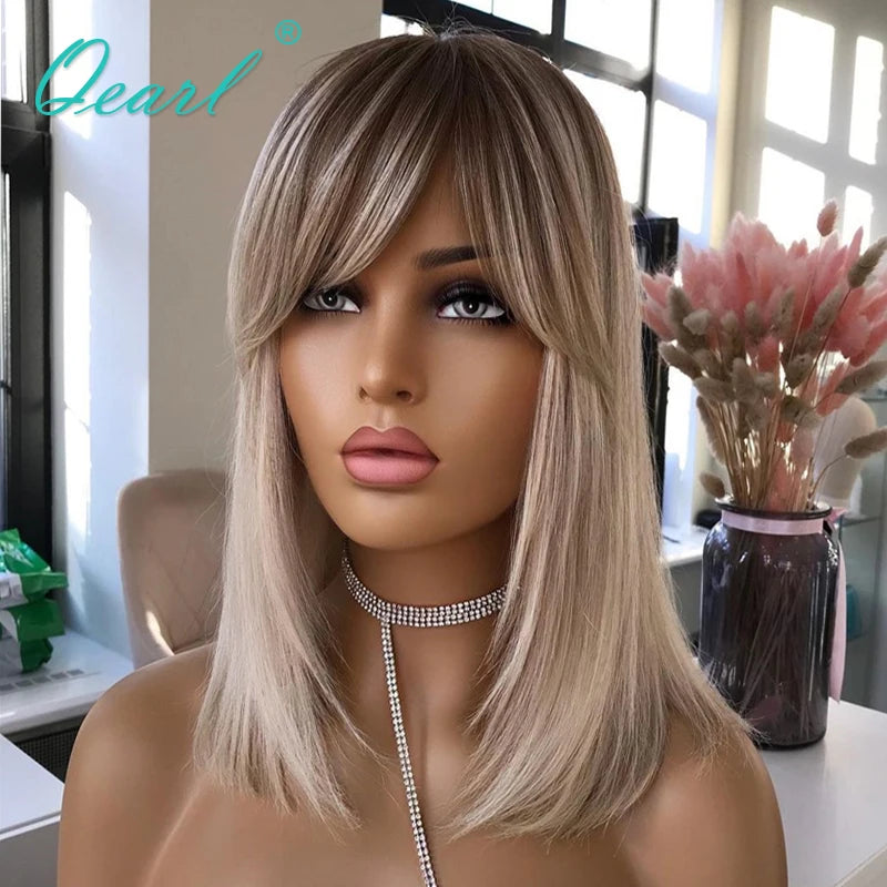 New in Short Bob Straight Human Hair Wig with Bangs Ombre Ash Blonde Brazilian Lace Front Wigs Fringe for Women Glueless Qearl