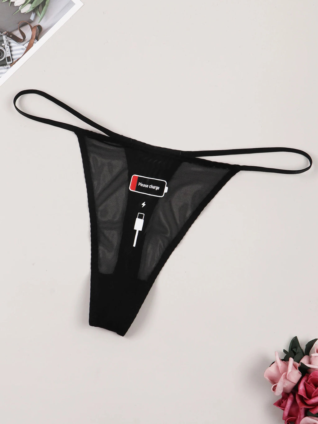 Varsbaby Letter Print Thong Sexy Transparent G-String with Please Charge Print Underwear Women Mesh Ultra-thin Panty