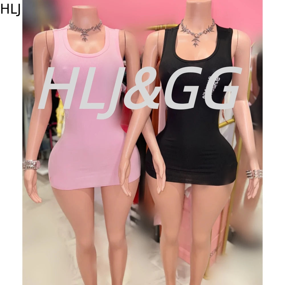 HLJ Summer New Letter Print Ribber Bodycon Mini Dresses Women Round Neck Sleeveless Slim Vestidos Fashion Y2K Streetwear BR 2026