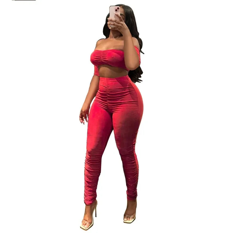 Fitness Women's Set Ruched Stacked Off Shoulder Crop Top and Legging Pants 2025 Summer Two 2 Piece Sets Outfit Tracksuit