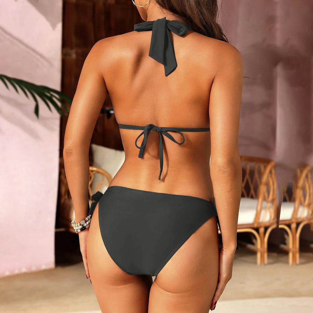 2026 Sexy Halter Low Waist Bikini Set Women's Triangle Thong Swimsuit Knot On The Edge Swimwear Bathing Suit Brazilian Biquinis