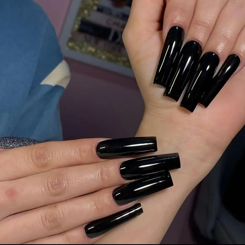 120pcs Long Coffin Press-On Nails Black Glossy Full Cover Acrylic False Nail Tips Wearable Fake Nails Tip for Manicure Extension
