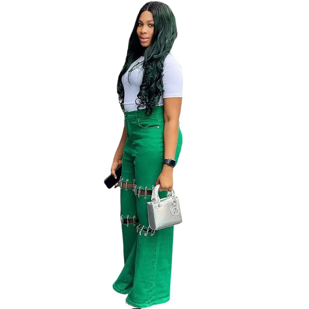High Waist Green Ripped Chain Decoration Patchwork Wide Leg Denim Pants Women Fashion Casual Personality Trendy Long Trousers