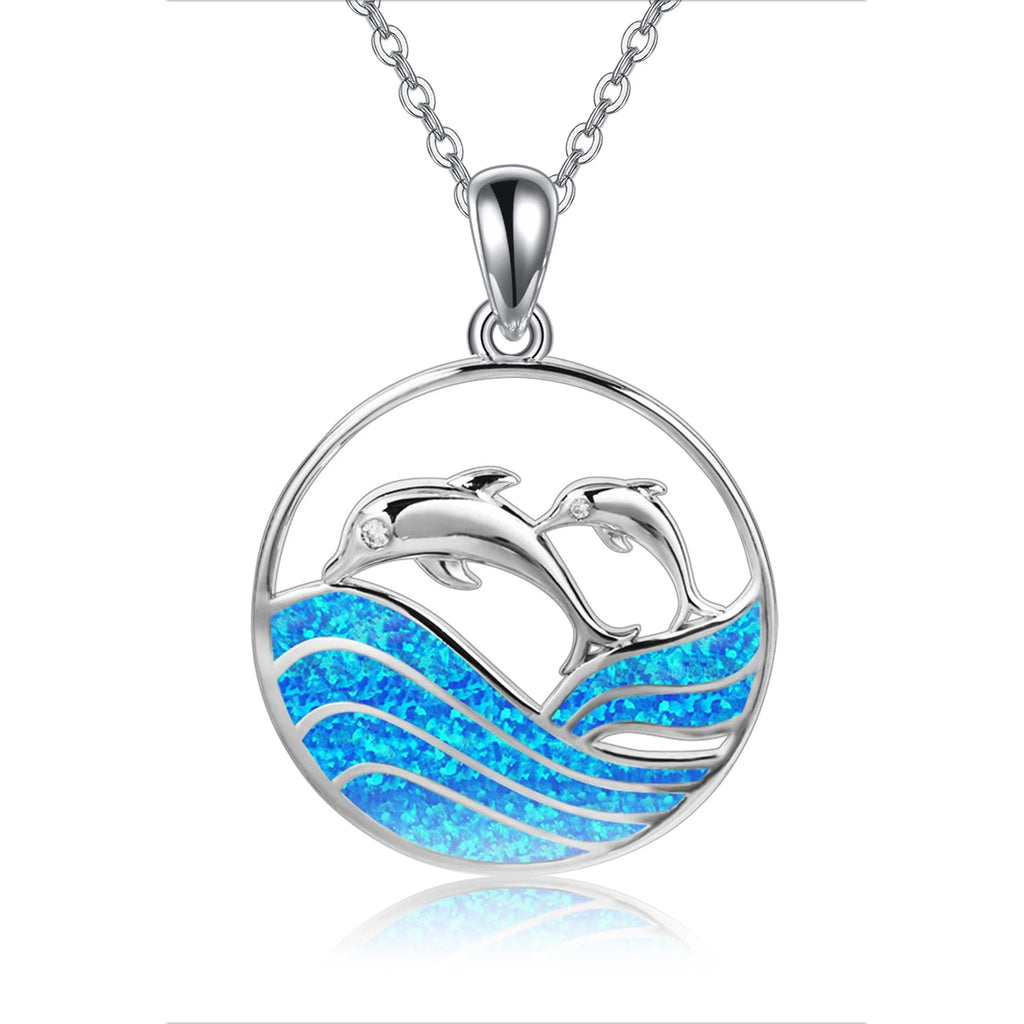 Boho Cute Sea Dolphin Pendant Necklace for Girl Statement Women Accessories Fashion Imitation Blue Opal Necklace Jewelry Gifts