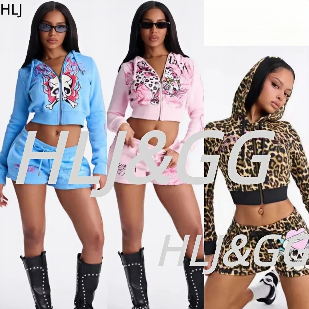 HLJ&GG Retro American Y2K Letter Hooded Two Piece Sets Women Zip Long Sleeve Crop Top+Drawstring Shorts Outfits Streetwear BR