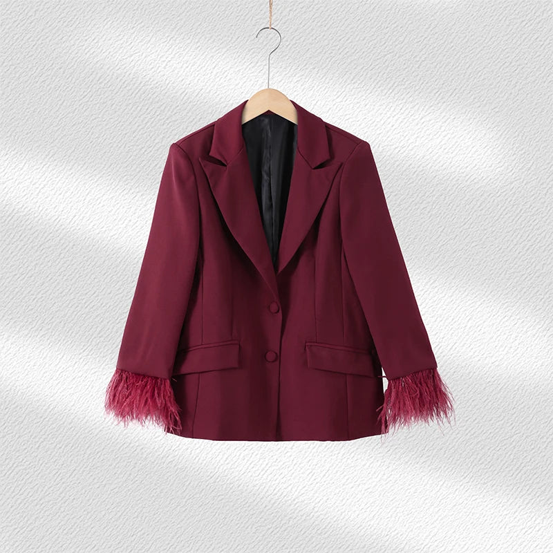 Elegant Feathers Women Blazer Pants Suit Lapel Button Coat Straight Wide Leg Trousers Lady Set 2026 Spring Female Outfits