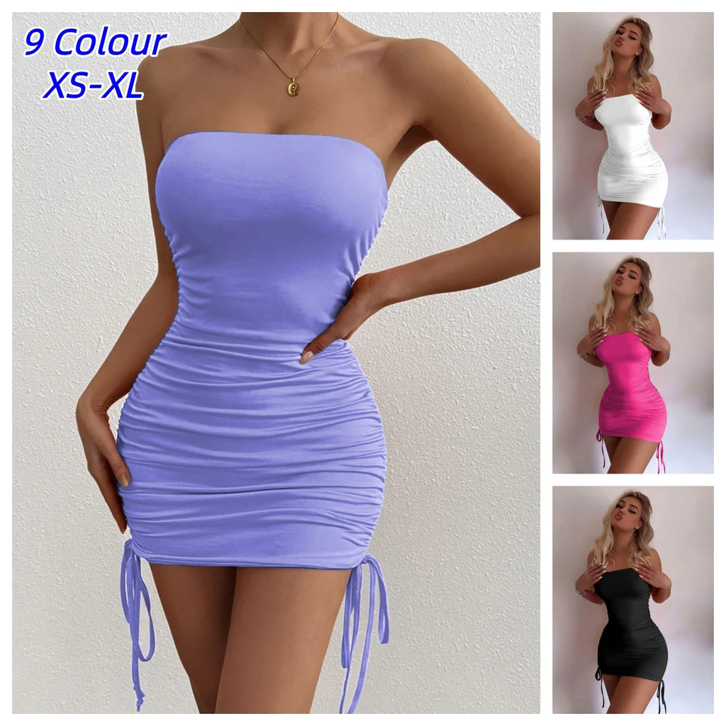 Sexy Strapless Women Mini Dress Solid Color Fashion Pleated Slim Fit Female Bodycon Dress High Quality Lady Party Dress Summmer