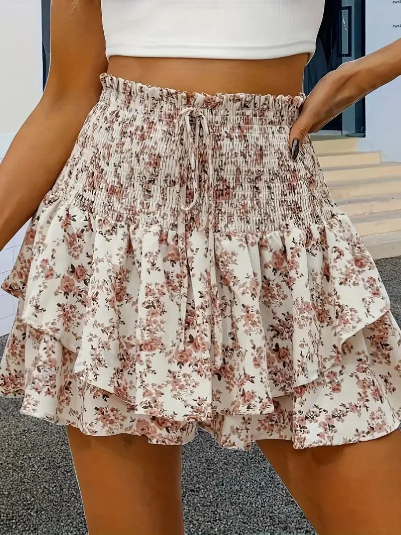 New Summer 2025 Women's Hot Pants Floral Fashion Elastic Waist Lace Hot Girl Girl Versatile Casual Layered Short Skirt