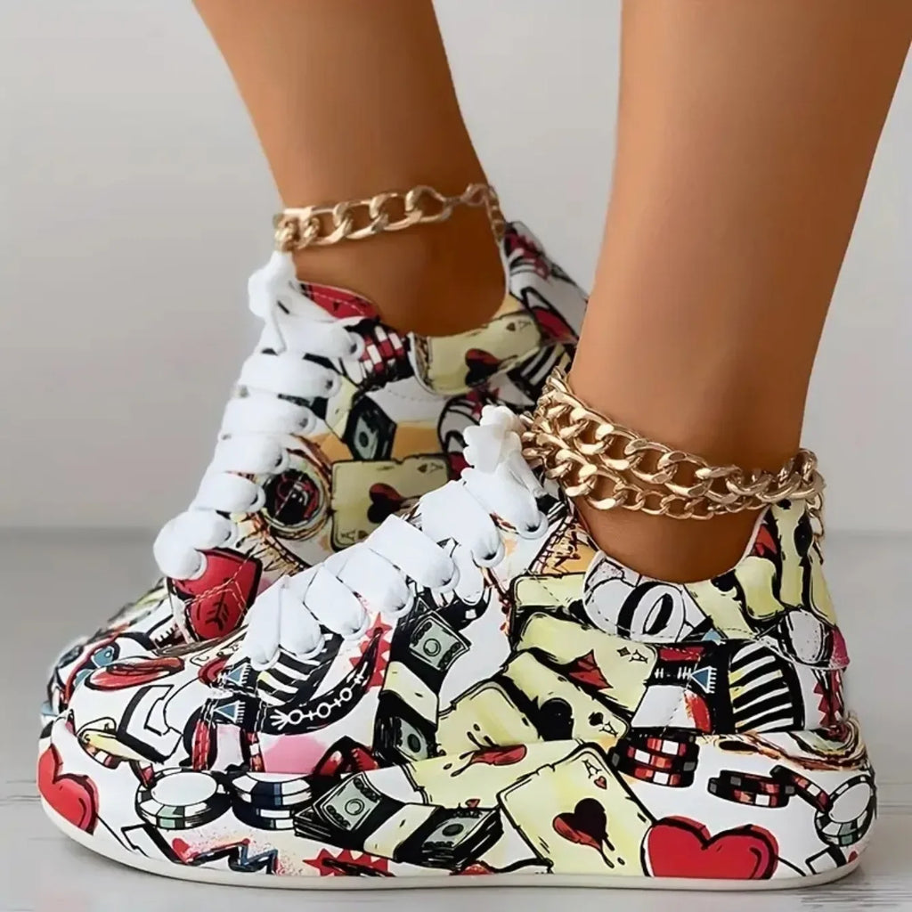 Women Sneakers Thick-soled Shoes 2025 New Summer Hand-painted Graffiti Shoes Outdoor Casual Women Sneakers
