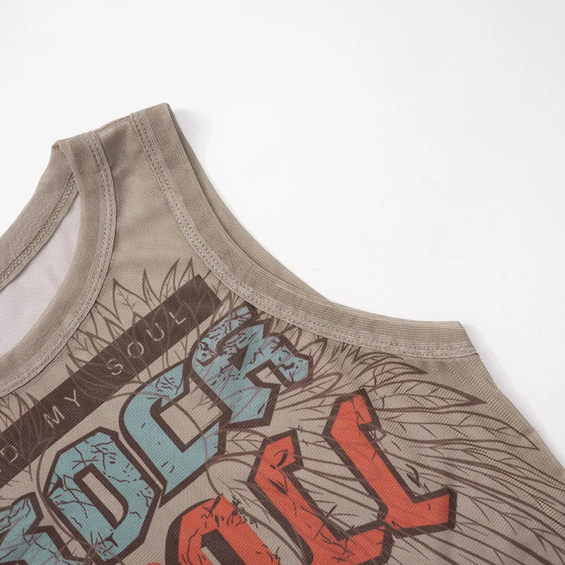 HLJ&GG Y2K Fashion Mesh Letter Printing Tank Top 3 Piece Sets Women Sleeveless Slim Vest And Denim Shorts Outfit With Chain 2025