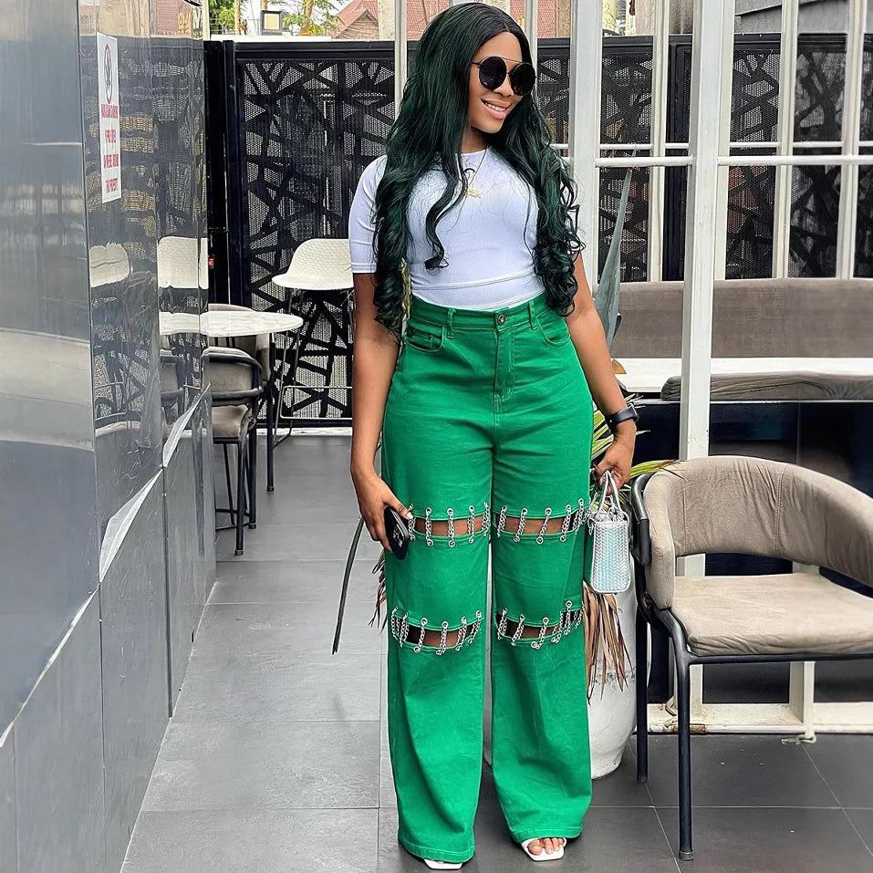 High Waist Green Ripped Chain Decoration Patchwork Wide Leg Denim Pants Women Fashion Casual Personality Trendy Long Trousers