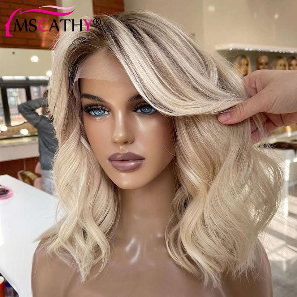 Ash Blonde Ombre Human Hair Wigs For Women Body Wave HD Transparent Lace Frontal Wig Brazilian Remy Hair Short Bob Wig Pre Pluck