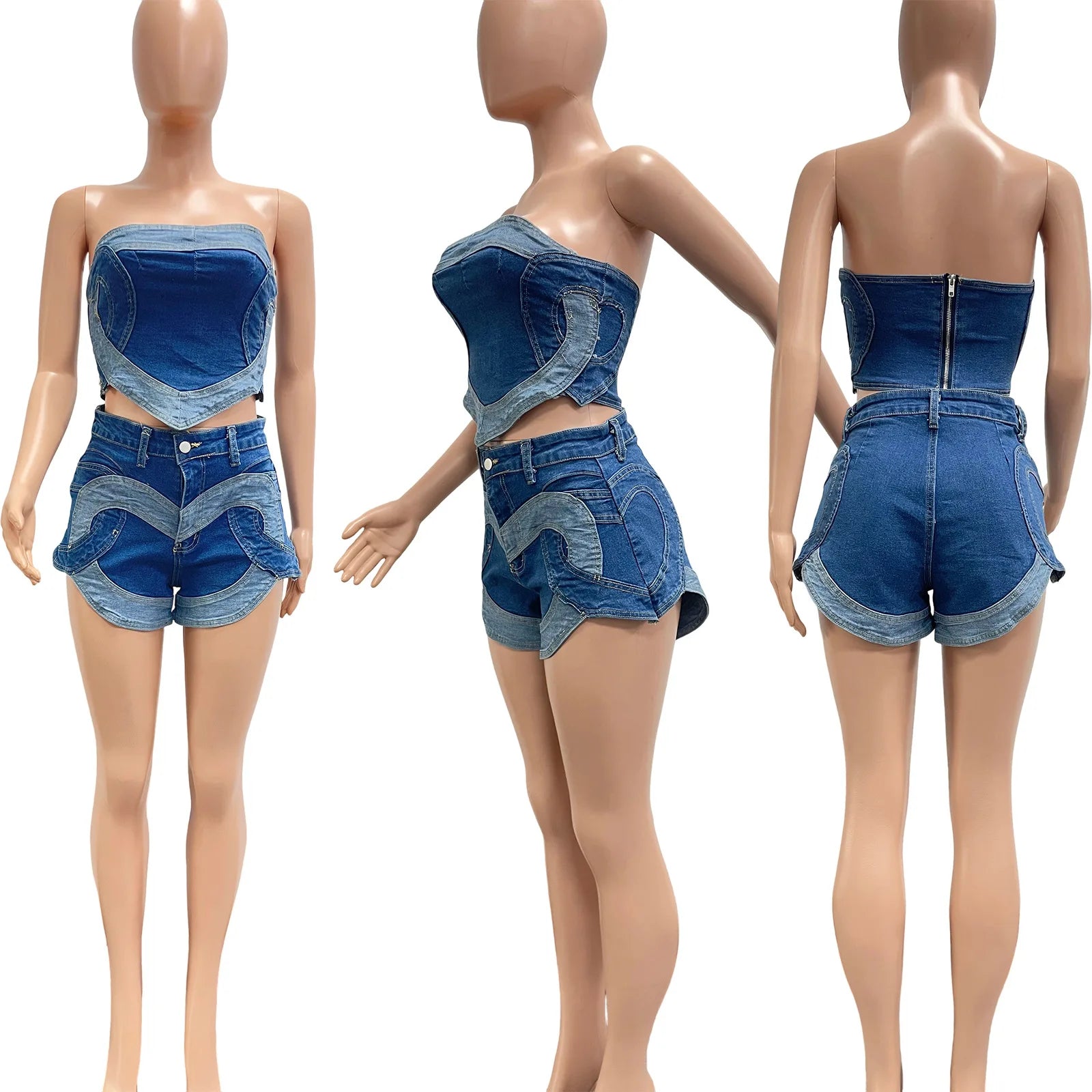 Denim Short Sets Women Strapless Tops Sexy Two Piece Set Y2k Streetwear High Street Jeans Shorts Lady Slim Fit Sleeveless Summer