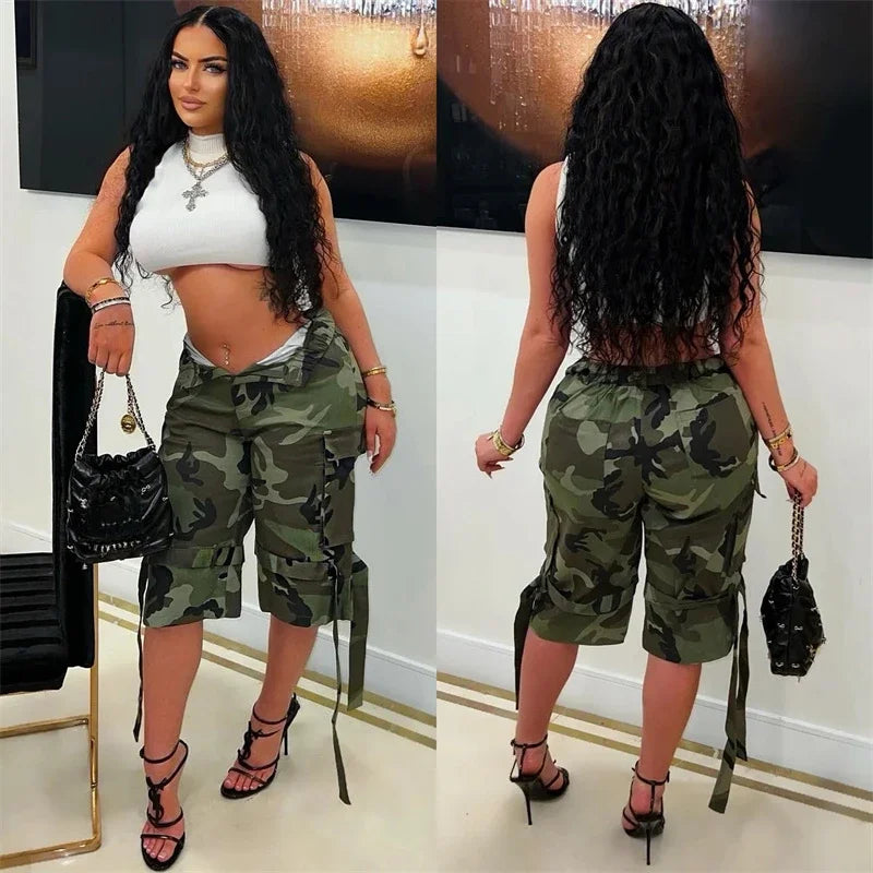 Streetwear Print Camouflage Pants Women Clothes High Waist Harajuku Baggy Knee Length Shorts Army Cargo Pants Y2k Pantalon Femme