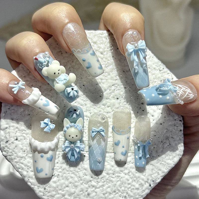 10PCS Kawaii 3D Bow Teddy French Handmade Press On Nails Cute Blue Bunny Long Fake Nails Pearls Heart Polka Dot Girl Nail Art
