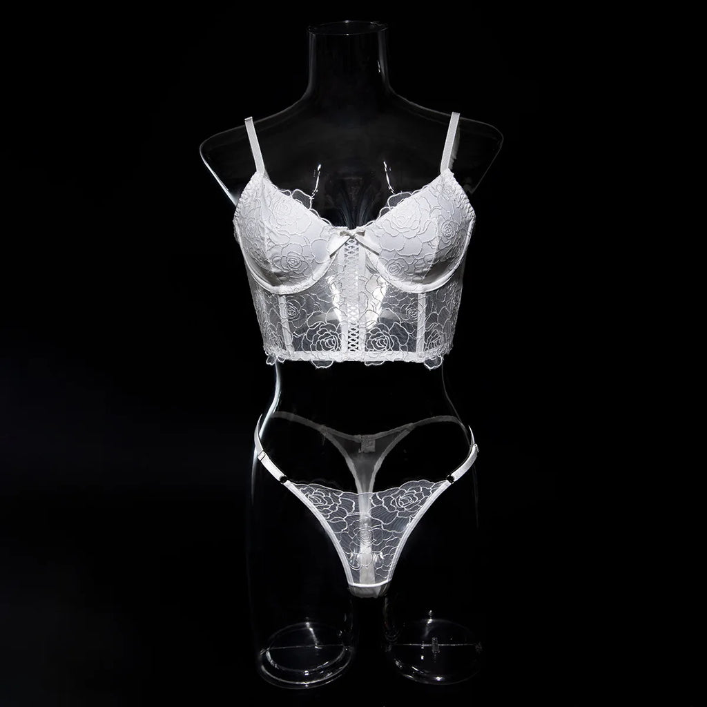 Krasapt White Floral Embroidered Fishbone Bras And Panties Sexy Lingerie Sets Transparent Mesh Patchwork Erotic Underwear Suit