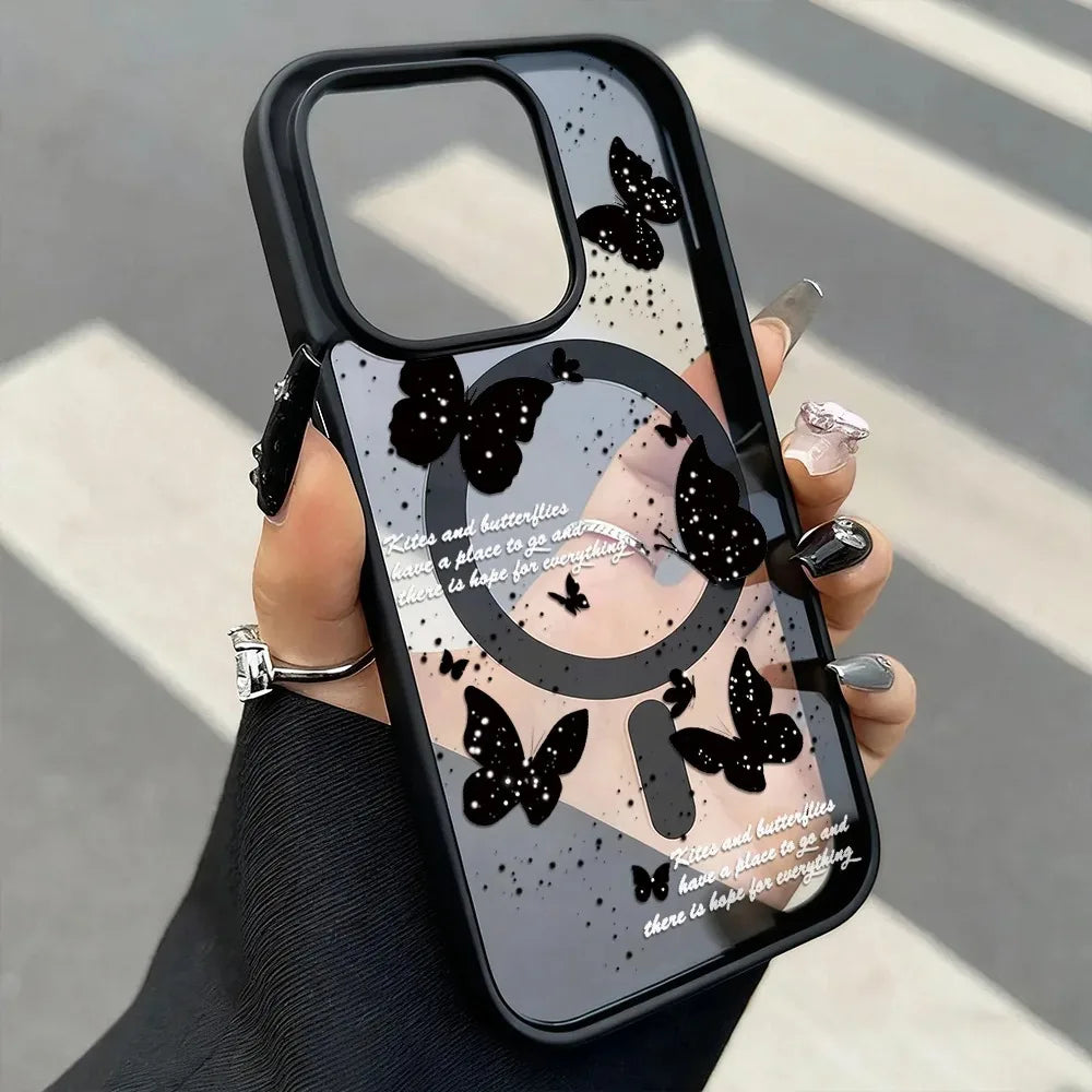 Butterfly Magnetic Transparent Phone Case For iPhone 17 16 15 14 Plus 13 12 11 Pro Max 17 Air Magsafe Wireless Charge Back Cover