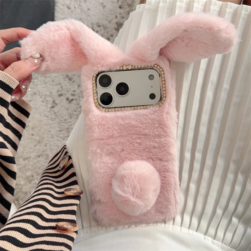 3D Cute Rabbit Ears Warm Furry Plush Bunny Phone Case For iPhone 17 Air 16 15 14 13 12 11 Pro Max XS XR X Plus Shockproof Cover