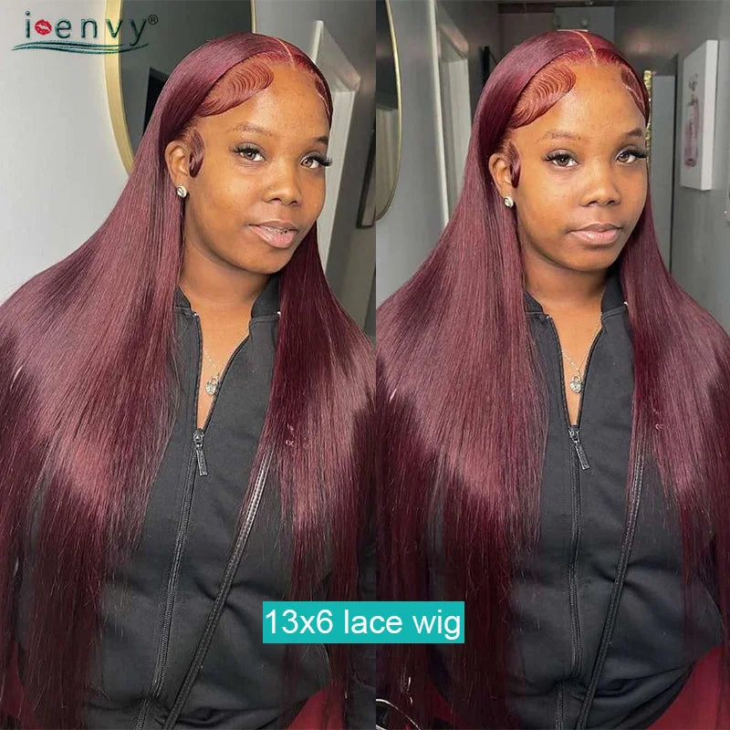 99J Red Colored Lace Front Human Hair Wigs Silky Straight 13X4 13X6 Burgundy Hd Transparent Pre Plucked Lace Frontal Wigs 180%