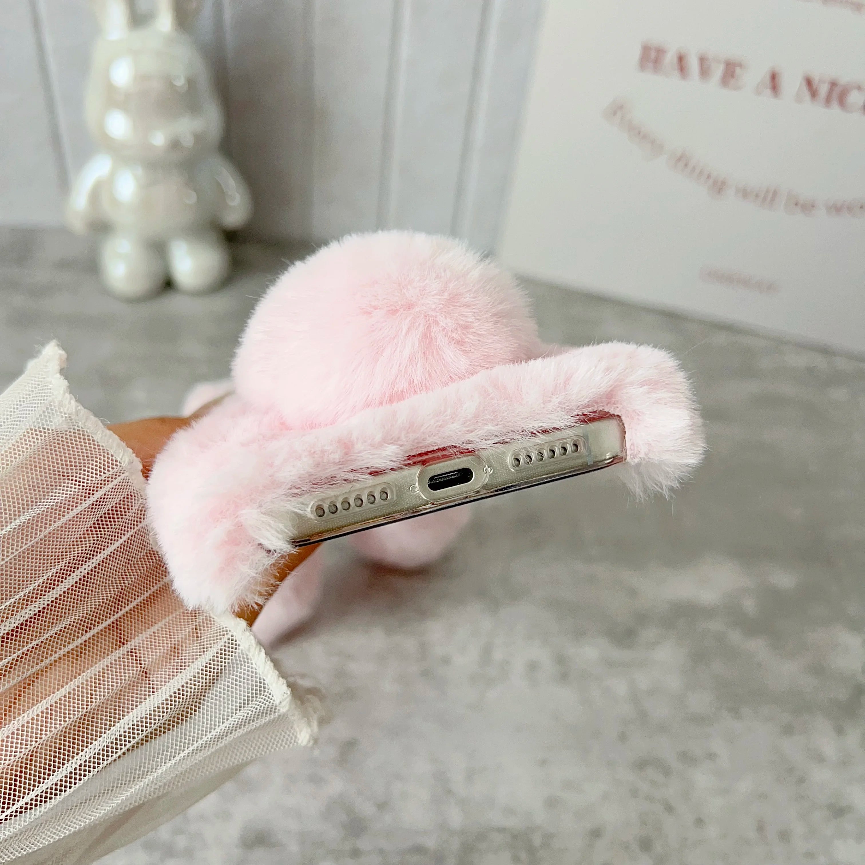 3D Cute Rabbit Ears Fur Plush Phone Case For iPhone 17 Pro Max 16 15 14 13 12 11Pro max Plus mini 17Air Furry Bunny Warm Cover