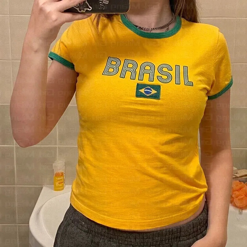 Women's Streetwear Brazil Letter Print T-shirt Y2k Punk Summer Casual Aesthetics Fashion Crop Top Vintage Sexy Grunge Fairy Tees