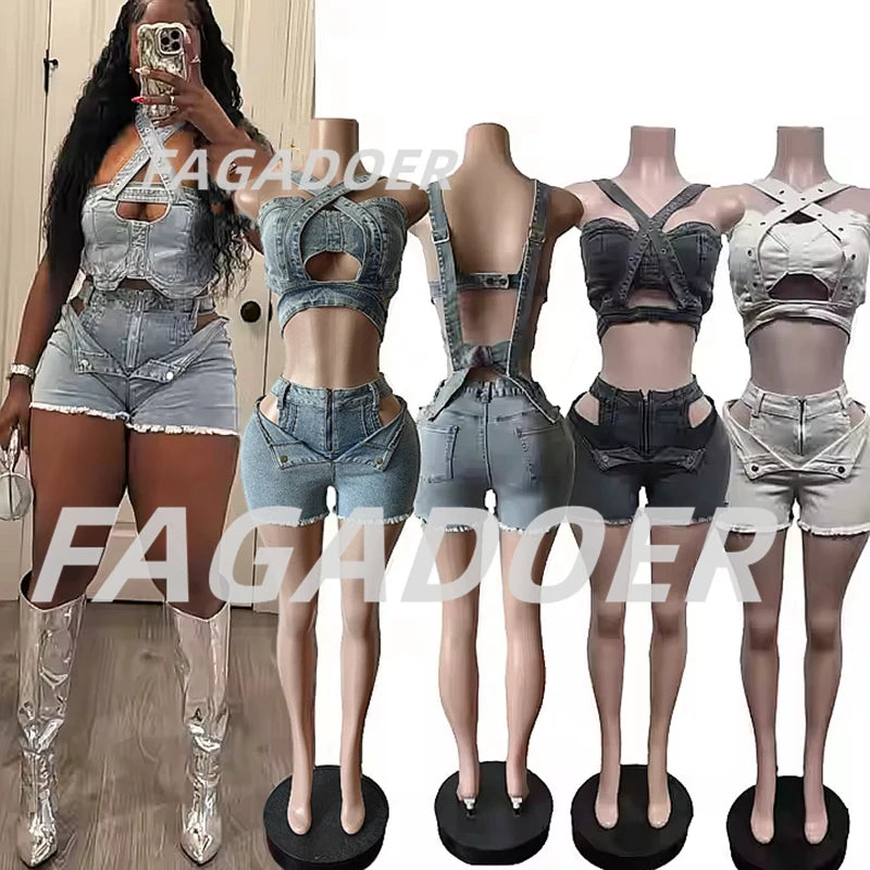 FAGADOER Summer New Sexy Denim 2 Piece Sets Woman Outfit  Y2k Streetwear Spaghetti Strap Sleeveless Crop Top and Shorts Suit